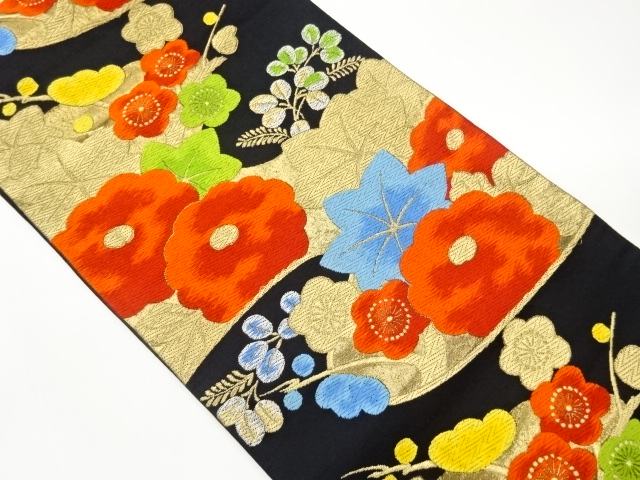 Woven pouch obi with camellia, bellflower, plum and abstract pattern